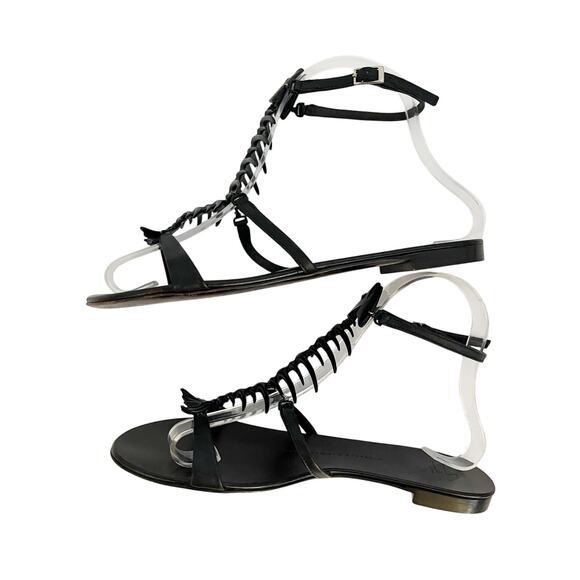 Giuseppe Zanotti Black Leather Fishbone Flat Ankle Strap Sandals IT 37.5 - Picture 6 of 12